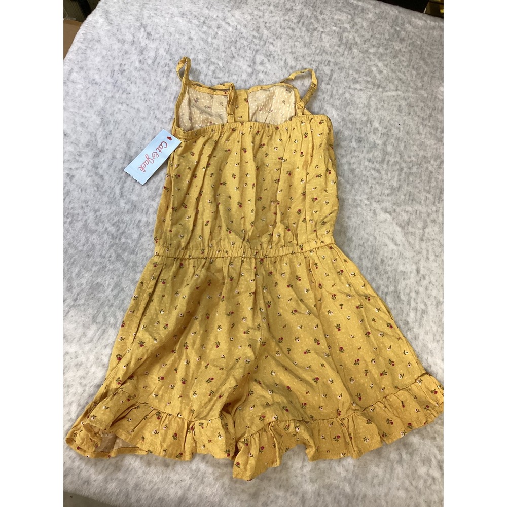 Cat & Jack Girls Mustard Floral Romper Size M 8‎ Yellow Ruffle Dobby Rayon NWT